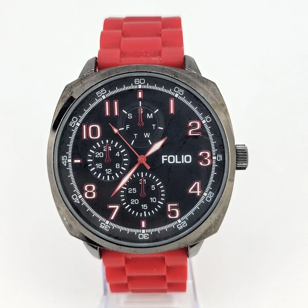 Folio Men's Watch 50MM Black‎ Dial Red Plastic Bands New Battery